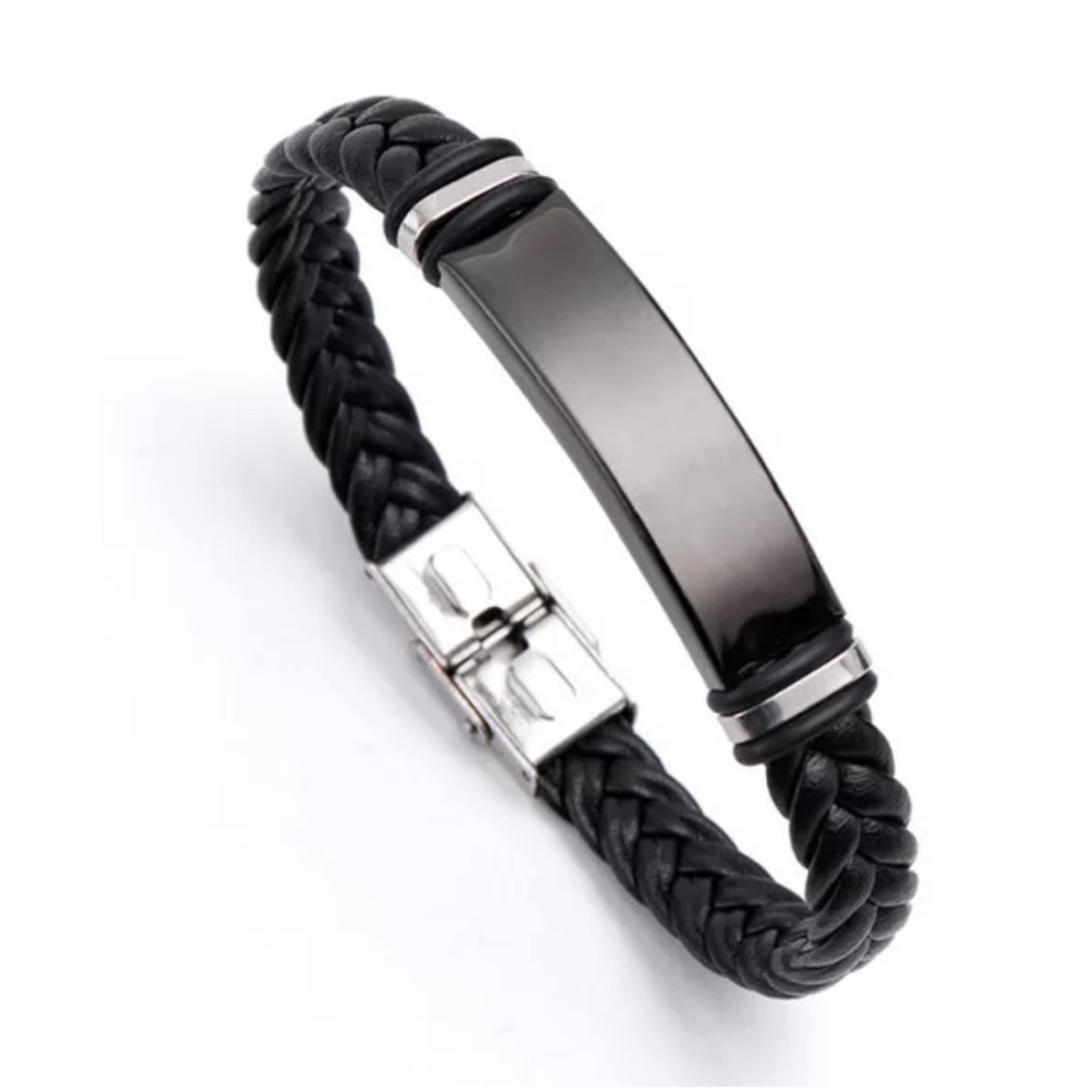 Black Leather and Black Stainless Steel Bracelet